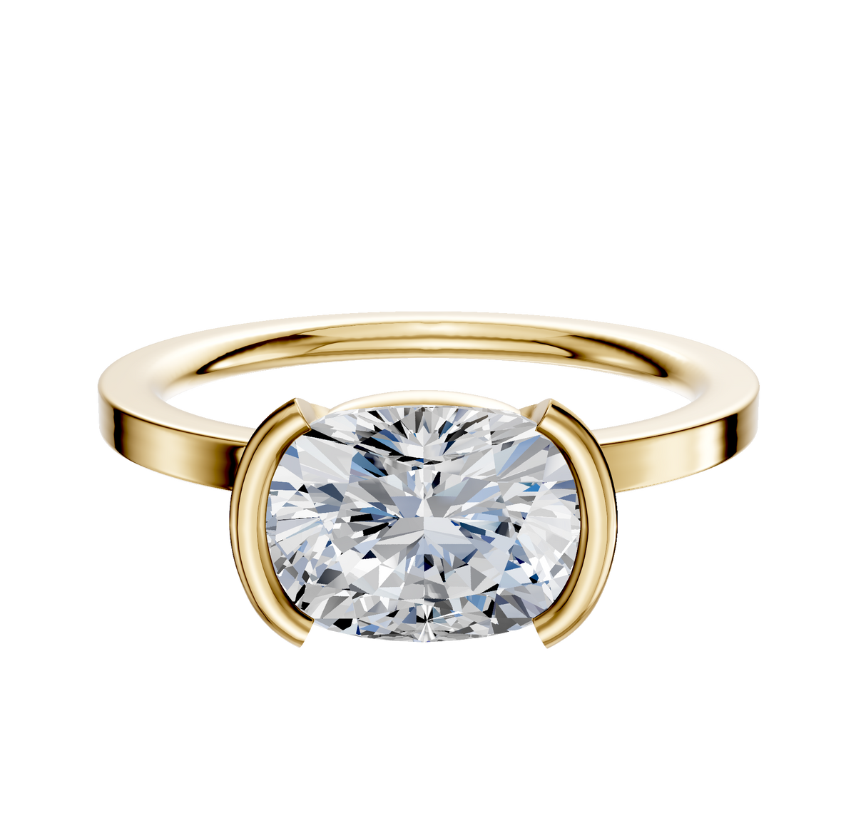 A 14K yellow gold Bezel Half Bezel East/West Classic Flat 1.5mm engagement ring is displayed on a plain light background.