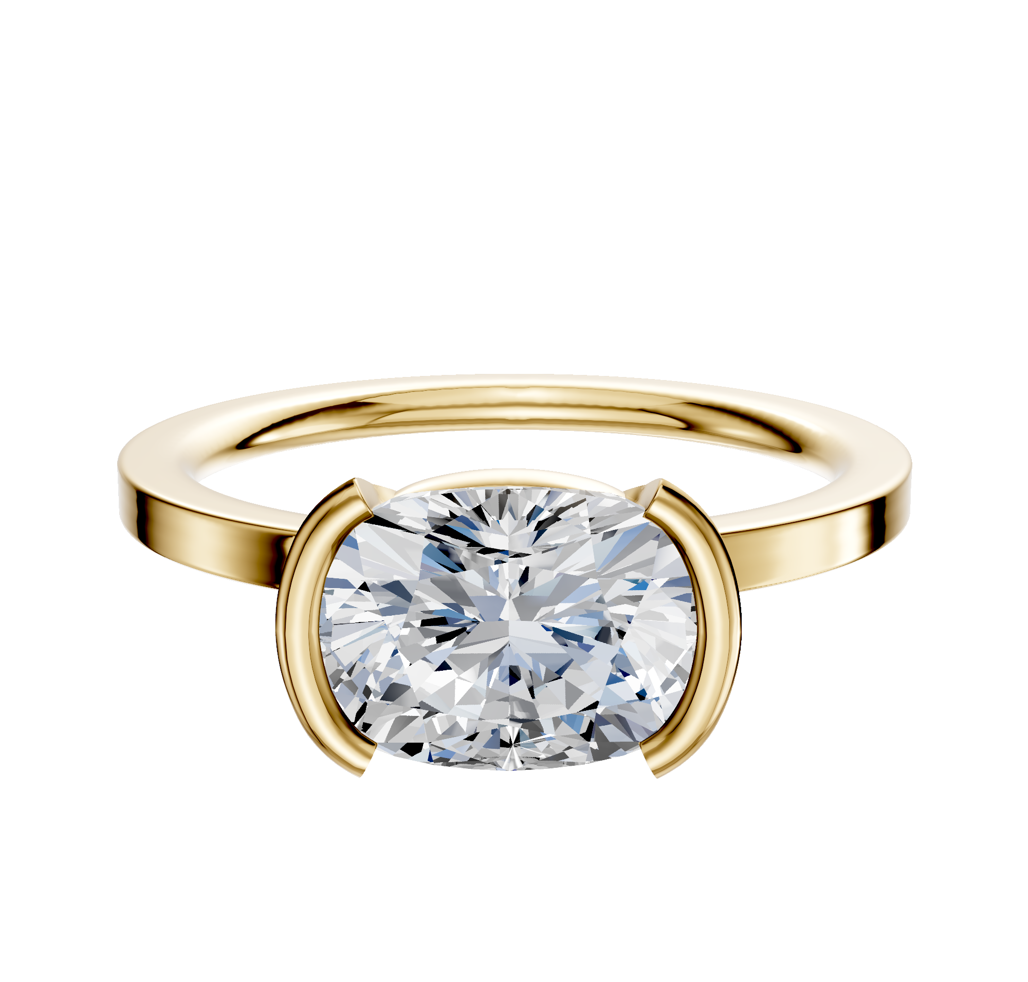 An 18K Yellow Gold Bezel Half Bezel East/West Classic Flat 1.5mm Engagement Ring is displayed on a plain background.
