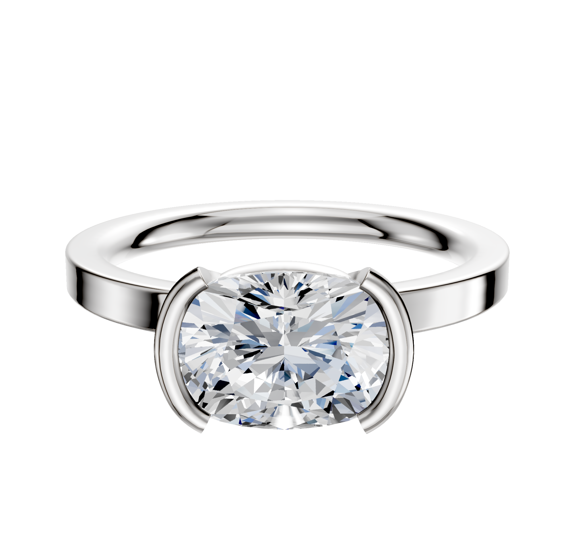 A 14K White Gold Bezel Half Bezel East/West Classic Flat 2.0mm Engagement Ring is displayed against a plain white background, showcasing its elegant modern setting.