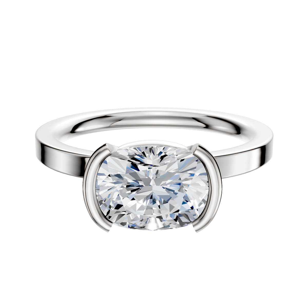 A platinum 2.0mm engagement ring in a half bezel east/west setting, featuring a classic flat band, shown against a plain white background.