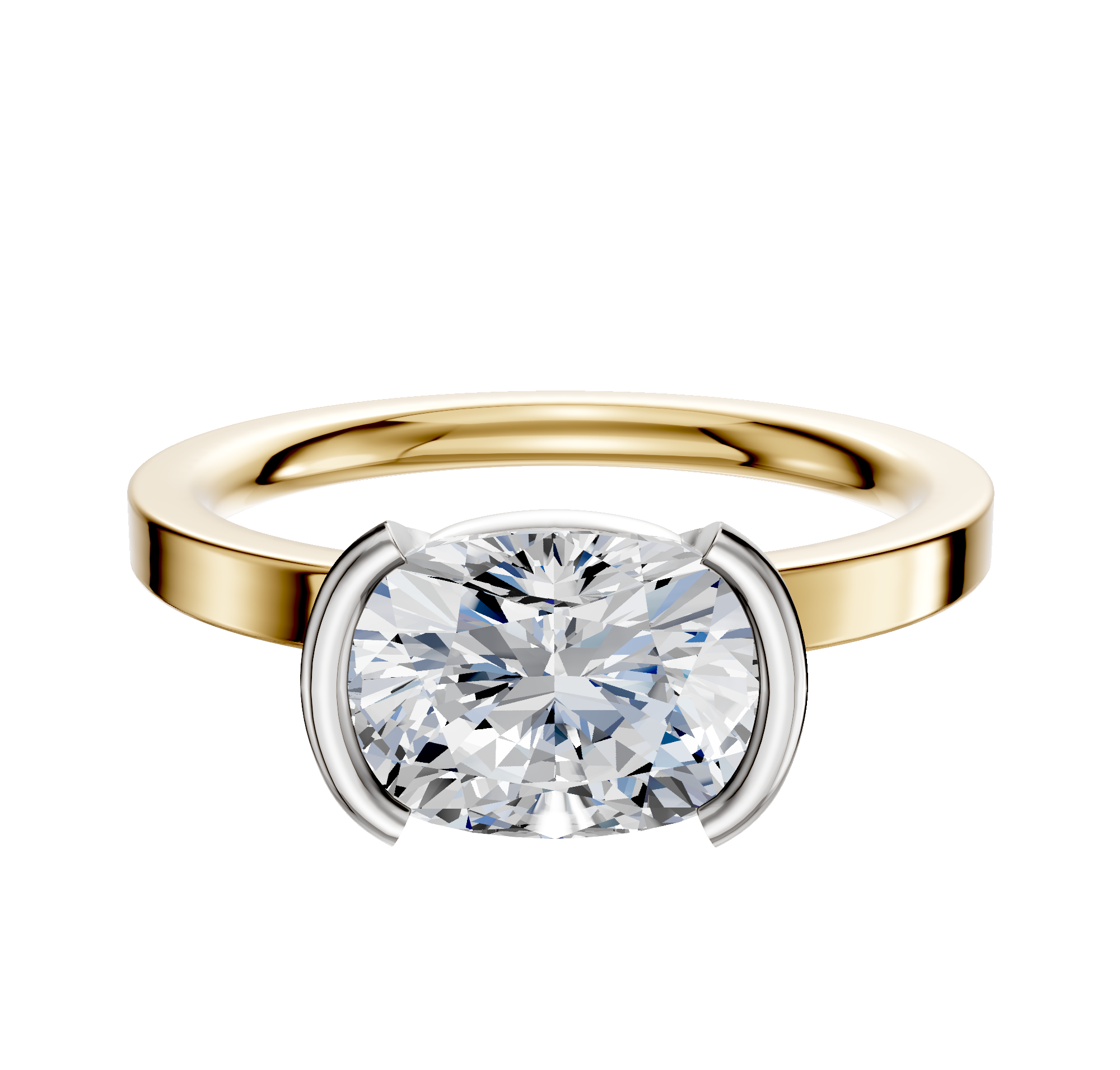 A 14K two-tone bezel half bezel East/West classic flat 2.0mm engagement ring, shown against a plain white background.