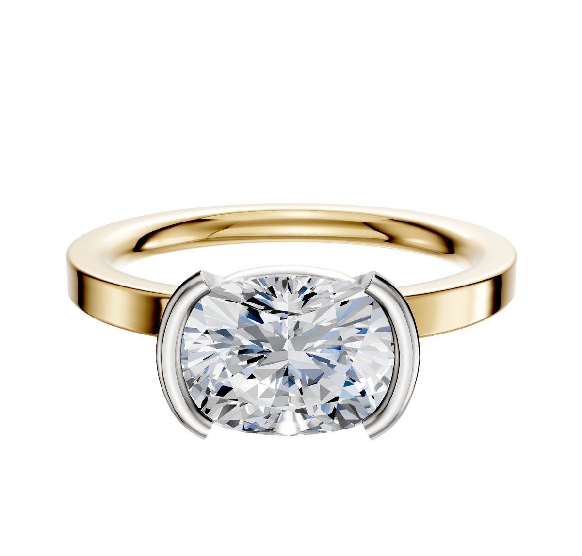An 18K Two Tone Bezel Half Bezel East/West Classic Flat 2.0mm Engagement Ring is shown with a modern setting and displayed against a plain white background.