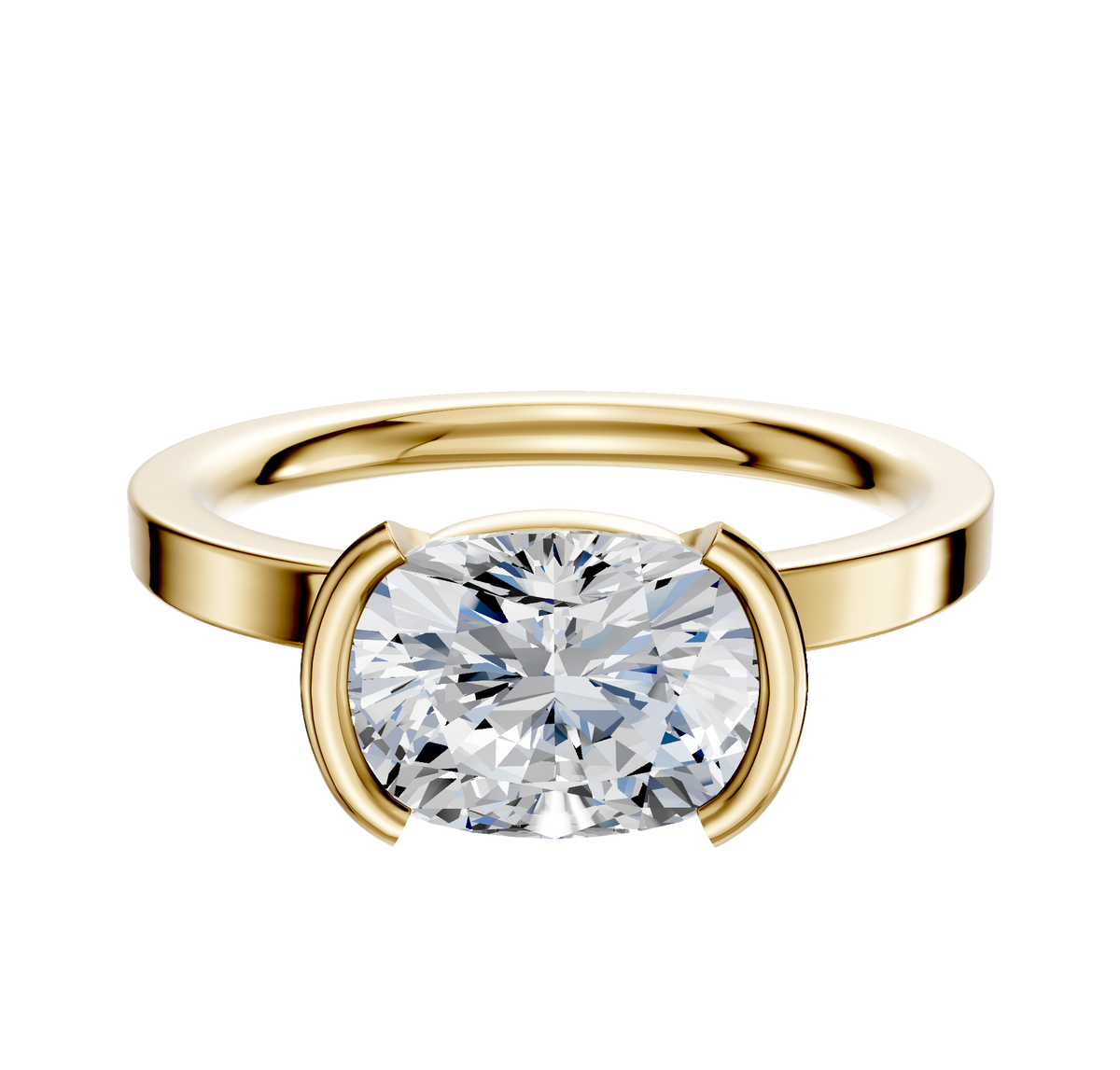 An 18K yellow gold Bezel Half Bezel East/West Classic Flat 2.0mm engagement ring featuring a large, cushion-cut diamond in a modern bezel setting, shown against a plain white background.