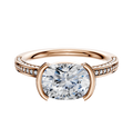 A 14K rose gold Bezel Half Bezel East/West Classic Flat 3-Row-Pave 2.0mm engagement ring features a large center diamond and three rows of small accent diamonds along the band, displayed on a white background.