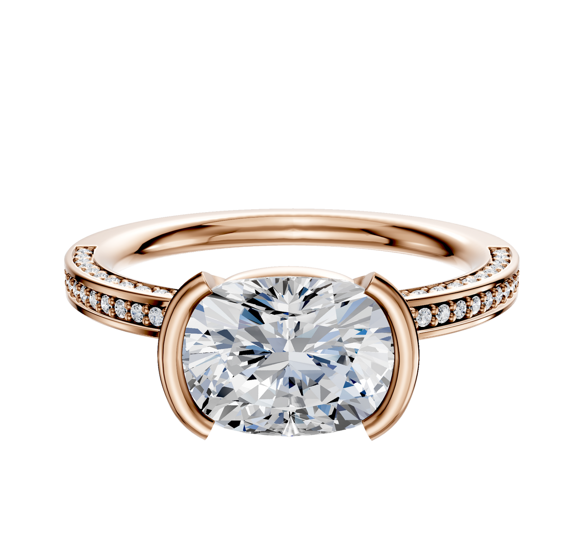 A 14K rose gold Bezel Half Bezel East/West Classic Flat 3-Row-Pave 2.0mm engagement ring features a large center diamond and three rows of small accent diamonds along the band, displayed on a white background.