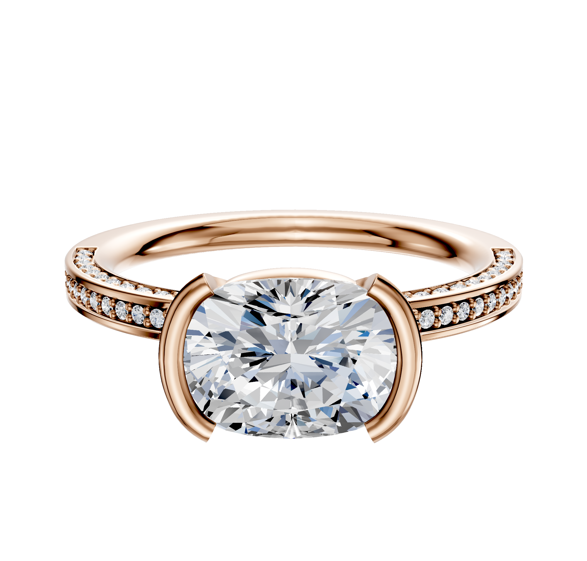 The 18K Rose Gold Bezel Half Bezel East/West Classic Flat 3-Row-Pave 2.0mm Engagement Ring features a modern east-west center, bezel setting, and a band adorned with three rows of pavé diamonds for added brilliance.