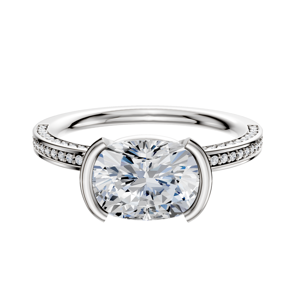A platinum engagement ring featuring a half-bezel east/west setting, classic flat 2.0mm band, and three rows of pave diamonds for extra sparkle.