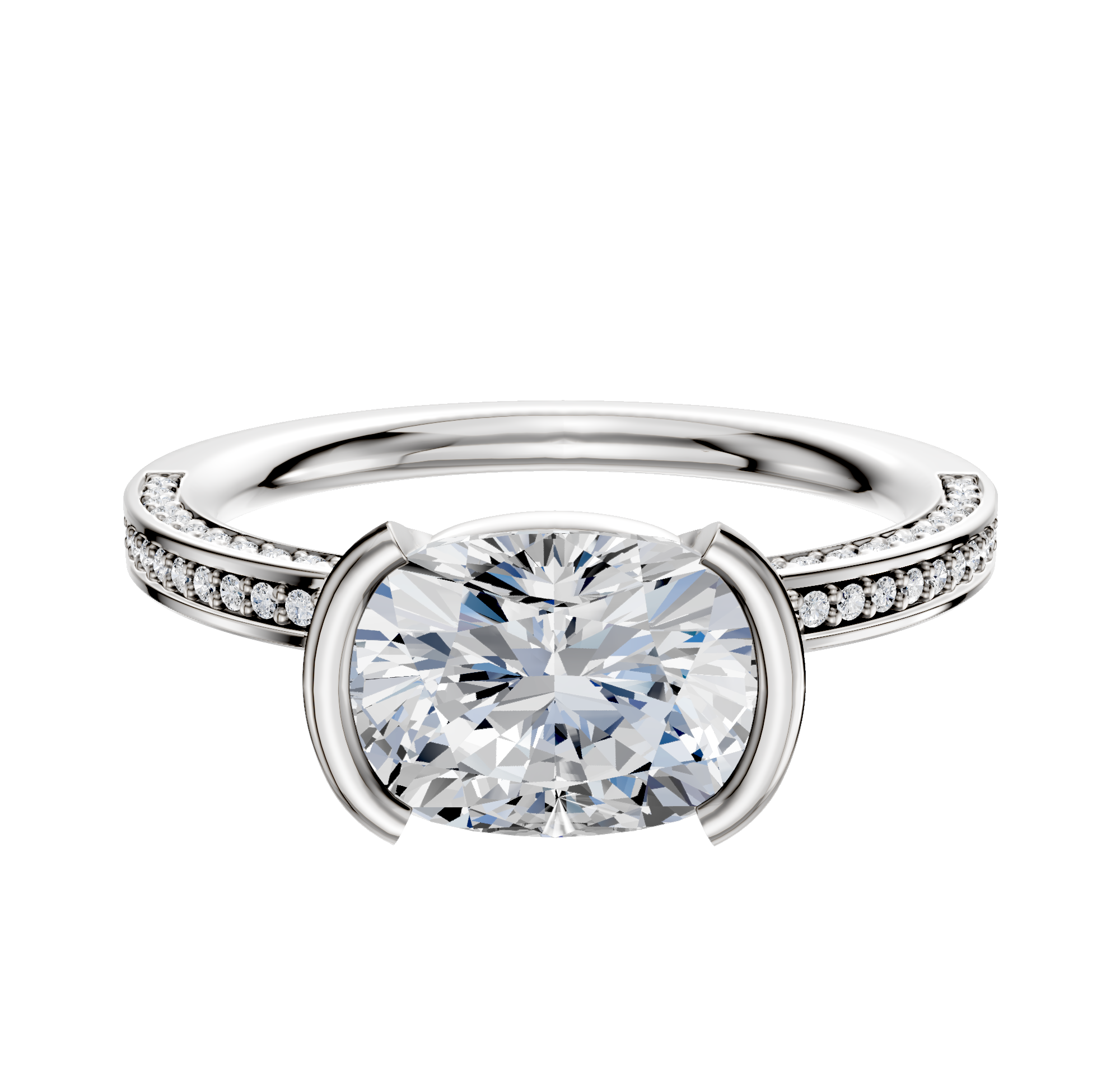An 18K white gold engagement ring features a classic flat band with half bezel east/west setting and three rows of pavé diamonds, showcased against a plain white background.