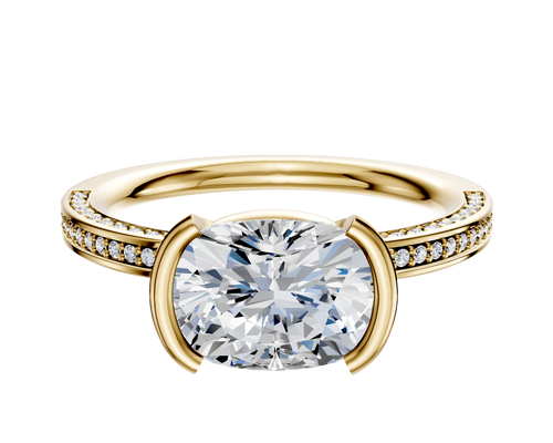 14K Yellow Gold Bezel Half Bezel East/West Classic Flat 3-Row-Pave 2.0mm Engagement Ring