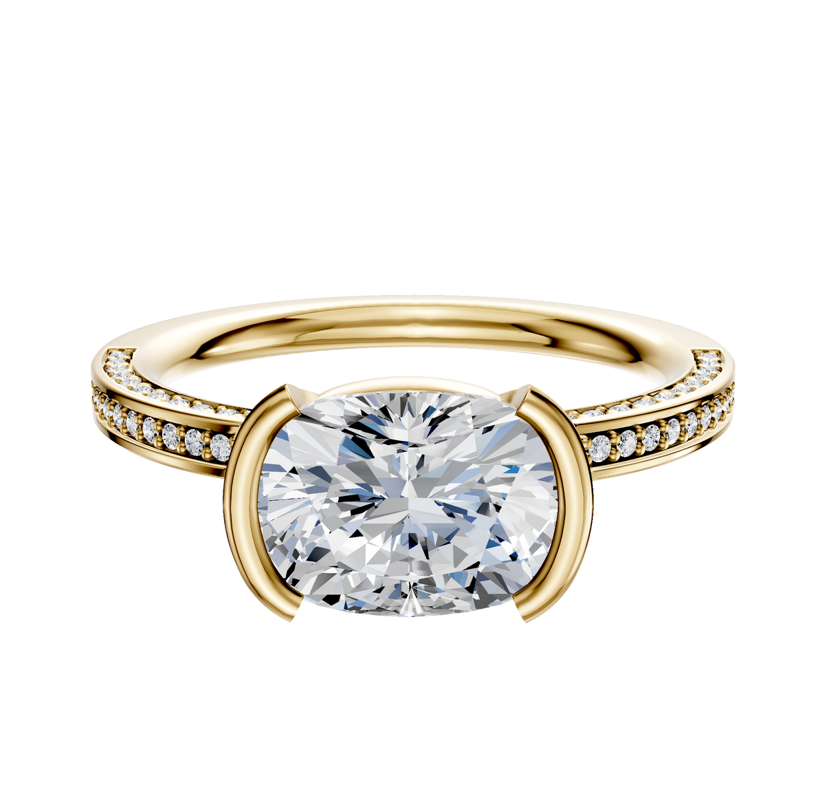 The 14K Yellow Gold Bezel Half Bezel East/West Classic Flat 3-Row-Pave 2.0mm Engagement Ring showcases a center stone set in an elegant half bezel, with three sparkling rows of pave-set diamonds along the band.