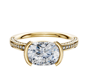 The 14K Yellow Gold Bezel Half Bezel East/West Classic Flat 3-Row-Pave 2.0mm Engagement Ring showcases a center stone set in an elegant half bezel, with three sparkling rows of pave-set diamonds along the band.