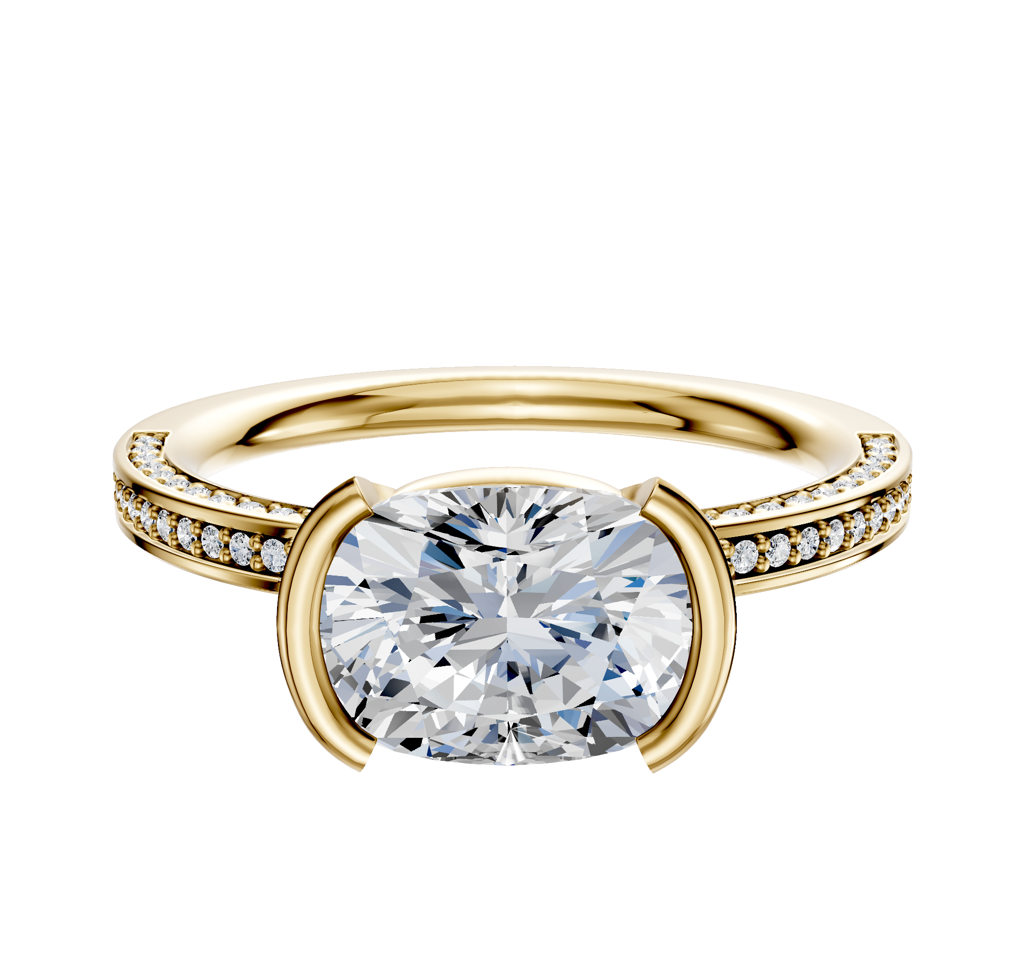 An 18K yellow gold engagement ring featuring a classic flat design, east/west half bezel setting, and a 3-row pave band with 2.0mm accent diamonds.