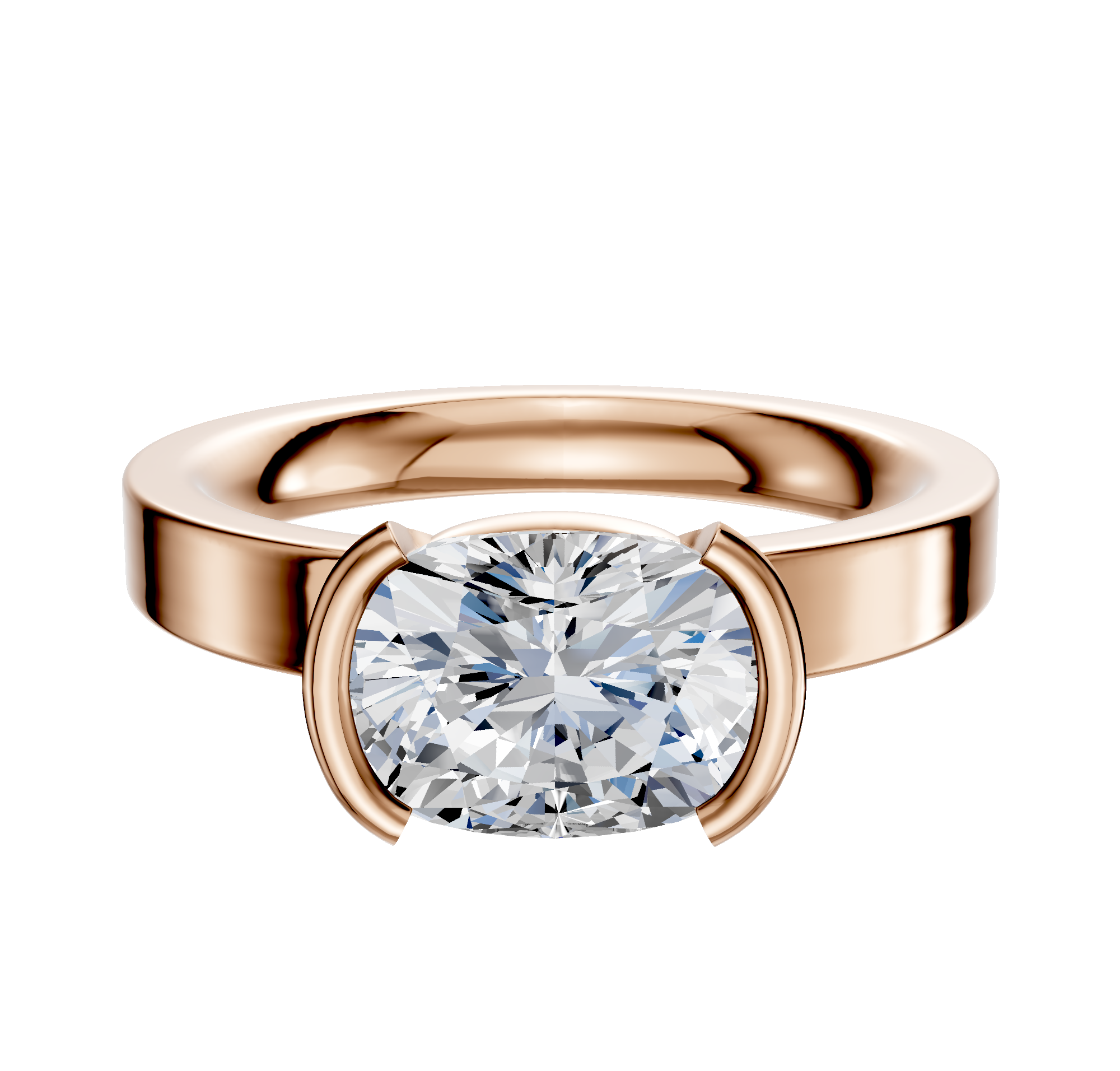 The 18K Rose Gold Bezel Half Bezel East/West Classic Flat 3.0mm Engagement Ring showcases a large cushion-cut diamond in a modern bezel setting, elegantly displayed against a plain white background.