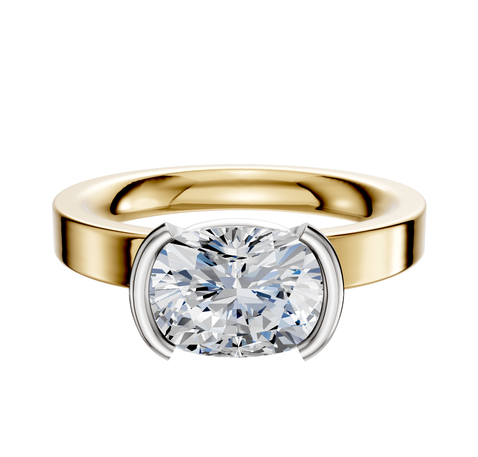 The 14K Two Tone Bezel Half Bezel East/West Classic Flat 3.0mm Engagement Ring showcases a prominent center stone in an east/west bezel setting, highlighted by sleek white and gold metal accents for a modern look.