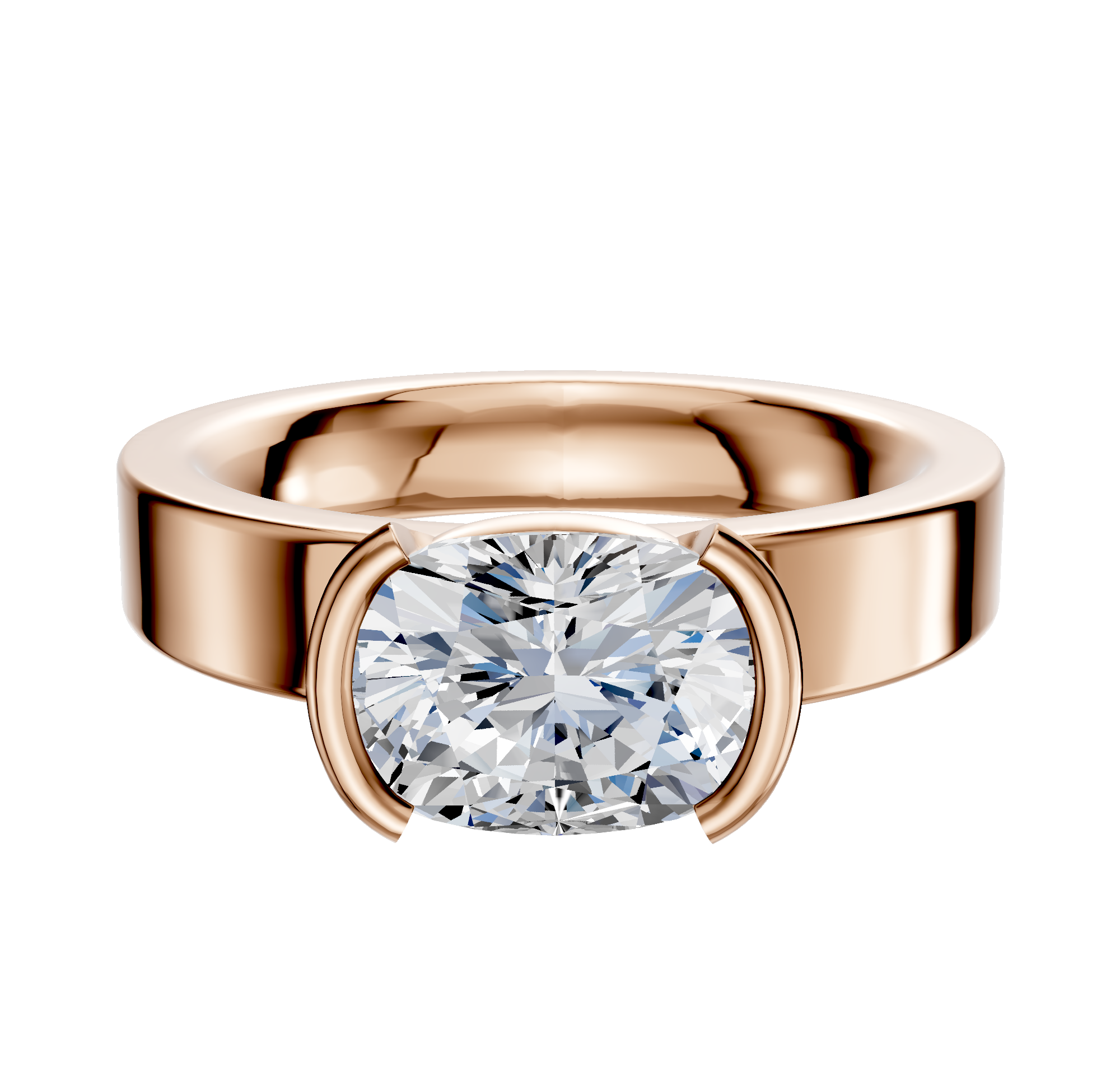 A 14K rose gold engagement ring with a classic flat 4.0mm band, showcasing an east/west-set oval diamond in a modern half-bezel setting.