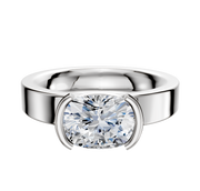 A 14K white gold flat engagement ring with a 4.0mm wide band and an east/west bezel-set oval diamond, shown on a white background.
