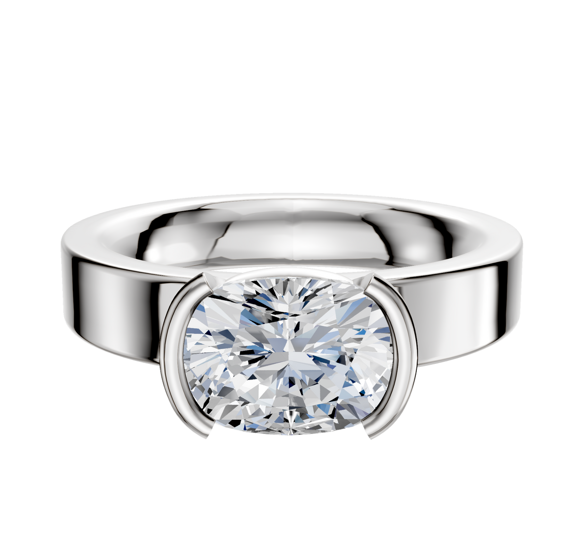 An 18K white gold half bezel East/West classic flat 4.0mm engagement ring featuring a large, oval-cut diamond in a modern bezel setting, shown against a plain white background.