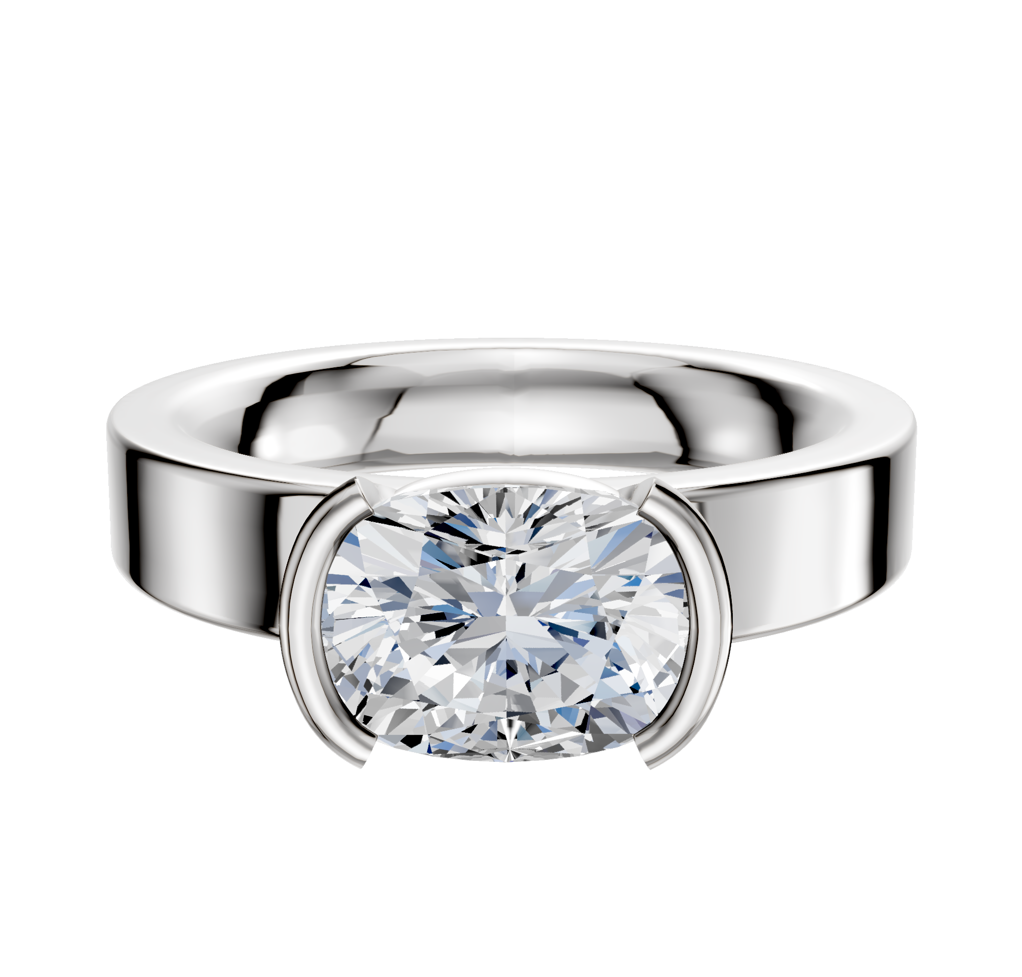 An 18K white gold half bezel East/West classic flat 4.0mm engagement ring featuring a large, oval-cut diamond in a modern bezel setting, shown against a plain white background.