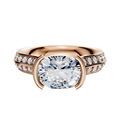 A 14K rose gold engagement ring featuring a bezel-set center stone in an east/west cathedral setting with a knife edge and a single row of pave diamonds along the 2.5mm band.