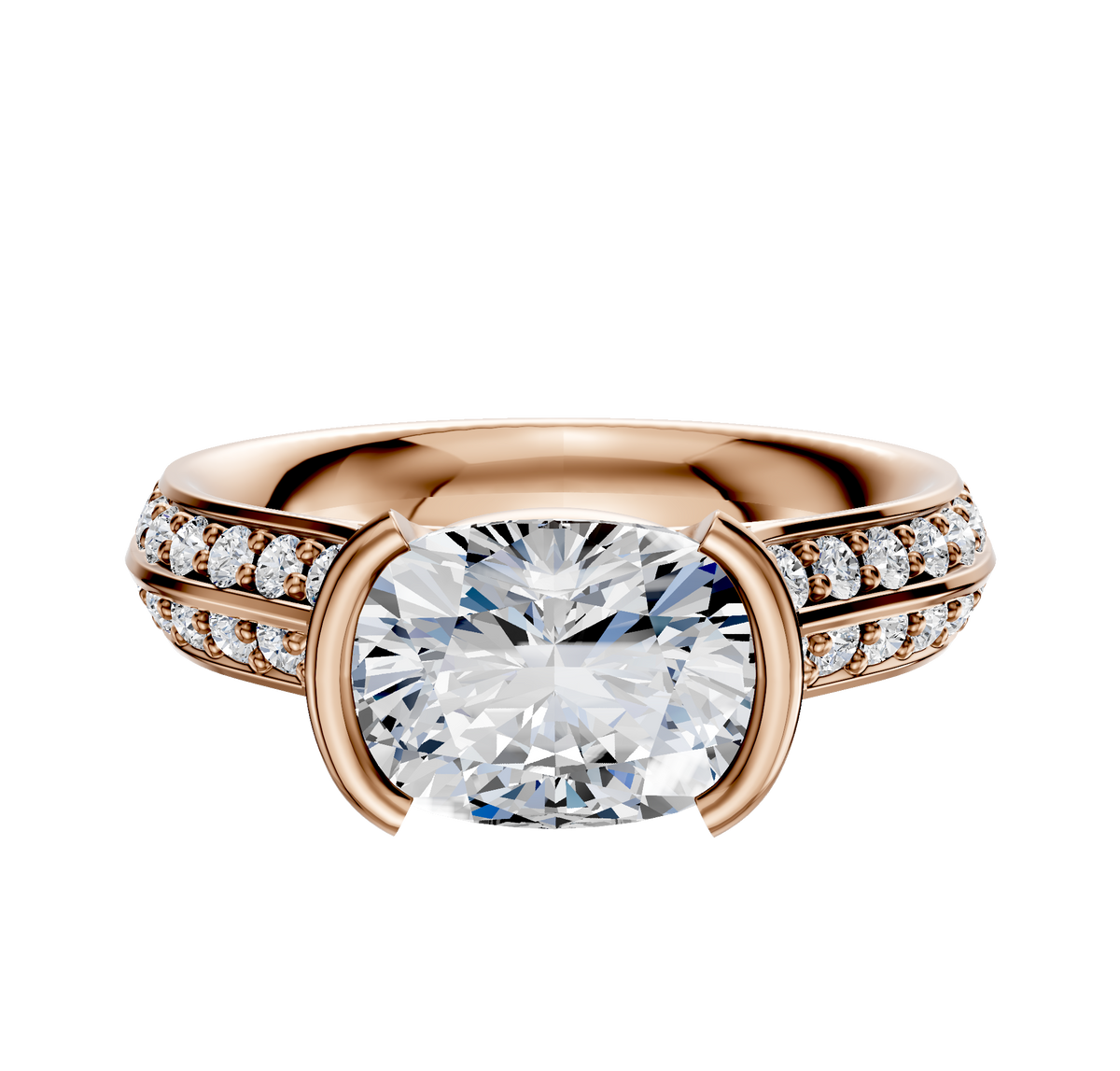 A 14K rose gold bezel half bezel east/west cathedral knife edge engagement ring with a 2.5mm band and a row of pave diamonds, displayed on a plain white background.