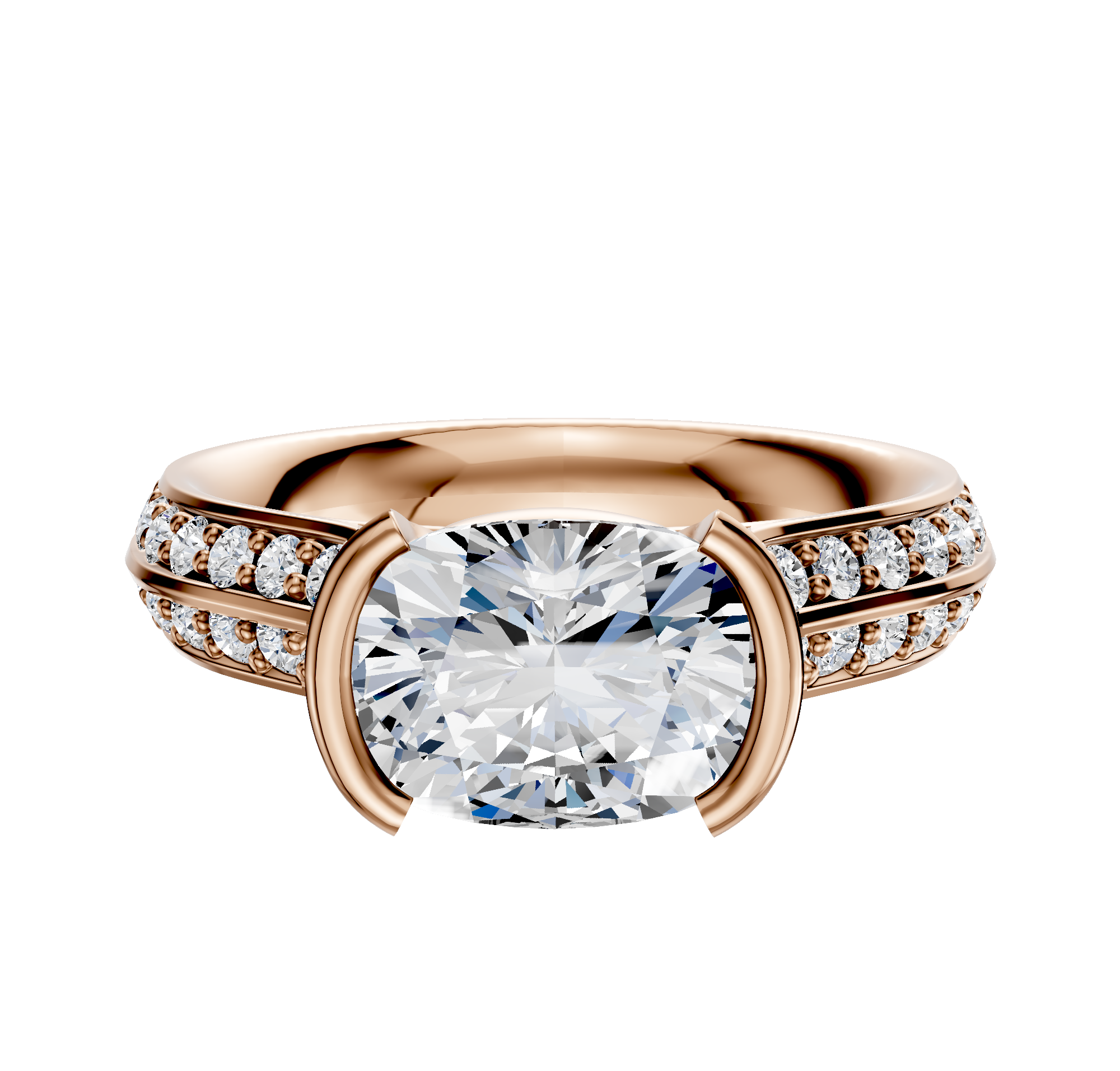 An 18K rose gold cathedral knife-edge engagement ring featuring a bezel-set center stone and a single row of pave diamonds on each side, displayed on a white background.