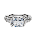 A 14K white gold engagement ring featuring a cathedral knife edge design with a bezel-set center and a single row of pave diamonds along the band.