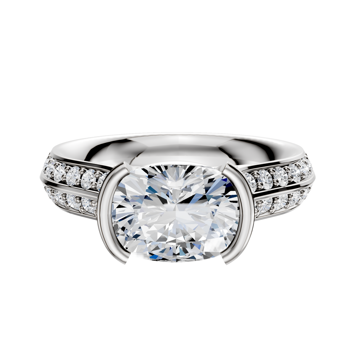 An 18K white gold bezel half bezel east/west cathedral knife edge engagement ring with a 2.5mm band and a single row of pave-set diamonds, shown on a plain white background.