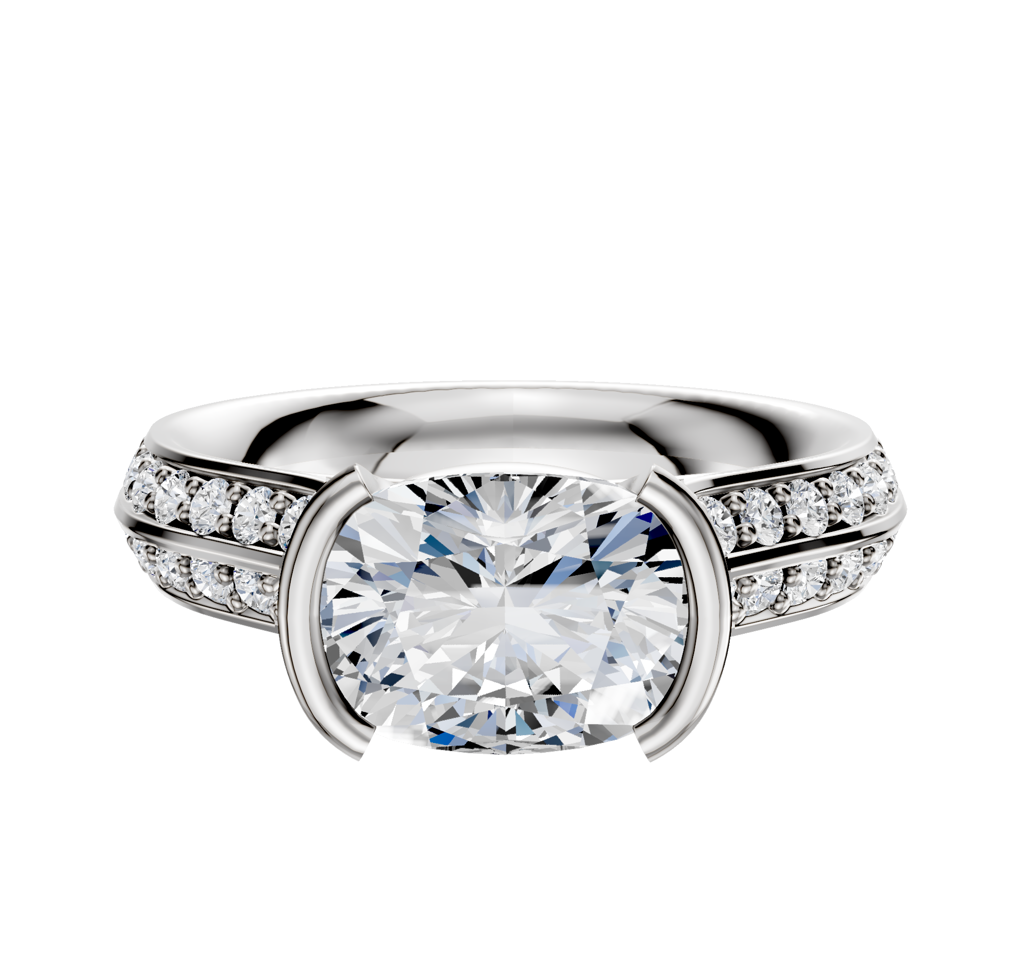 An 18K white gold bezel half bezel East/West cathedral knife edge engagement ring featuring a 2.5mm central diamond and a single row of pave diamonds along the band, displayed on a plain white background.
