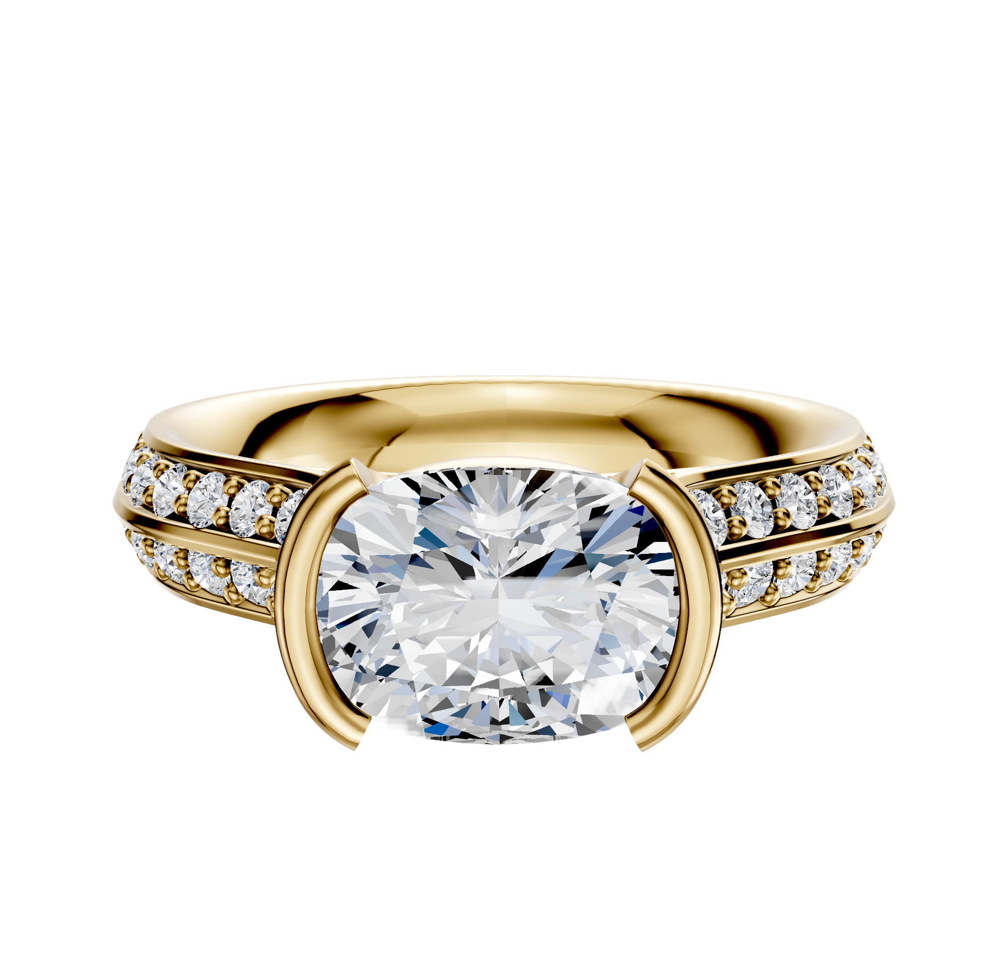 A 14K yellow gold bezel half-bezel east/west cathedral knife edge engagement ring with a 2.5mm band and 1-row pave, displayed against a plain light background.