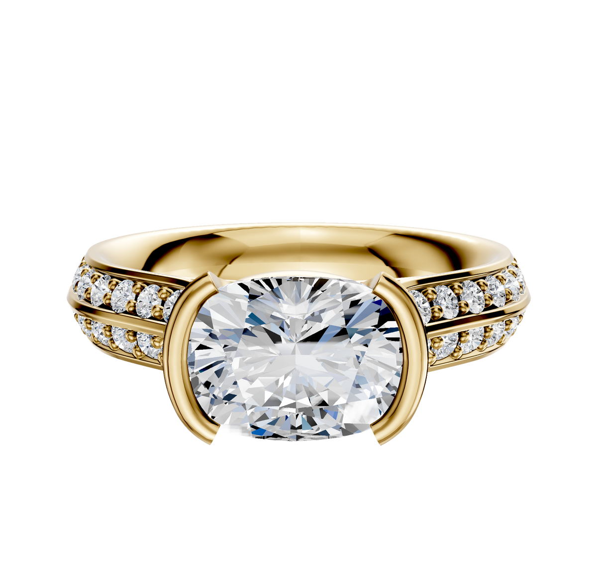 An 18K yellow gold Bezel Half Bezel East/West Cathedral Knife Edge engagement ring with a 2.5mm band and a single row of pavé diamonds, displayed on a plain white background.