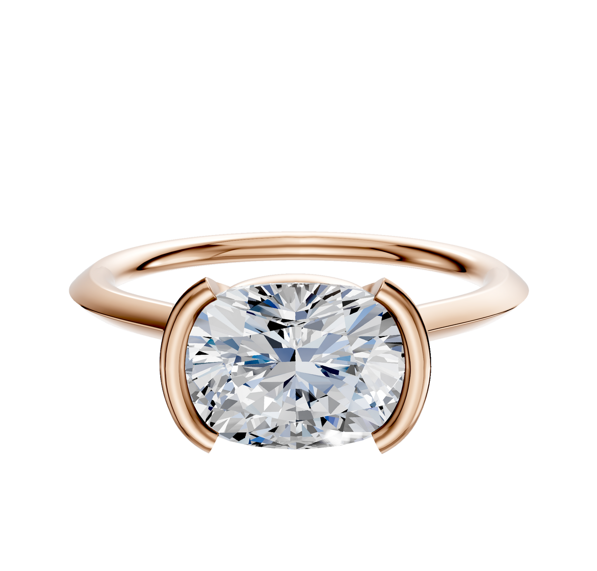 A 14K rose gold cathedral knife edge engagement ring with a 1.5mm band and an east/west bezel half setting, displayed on a plain white background.