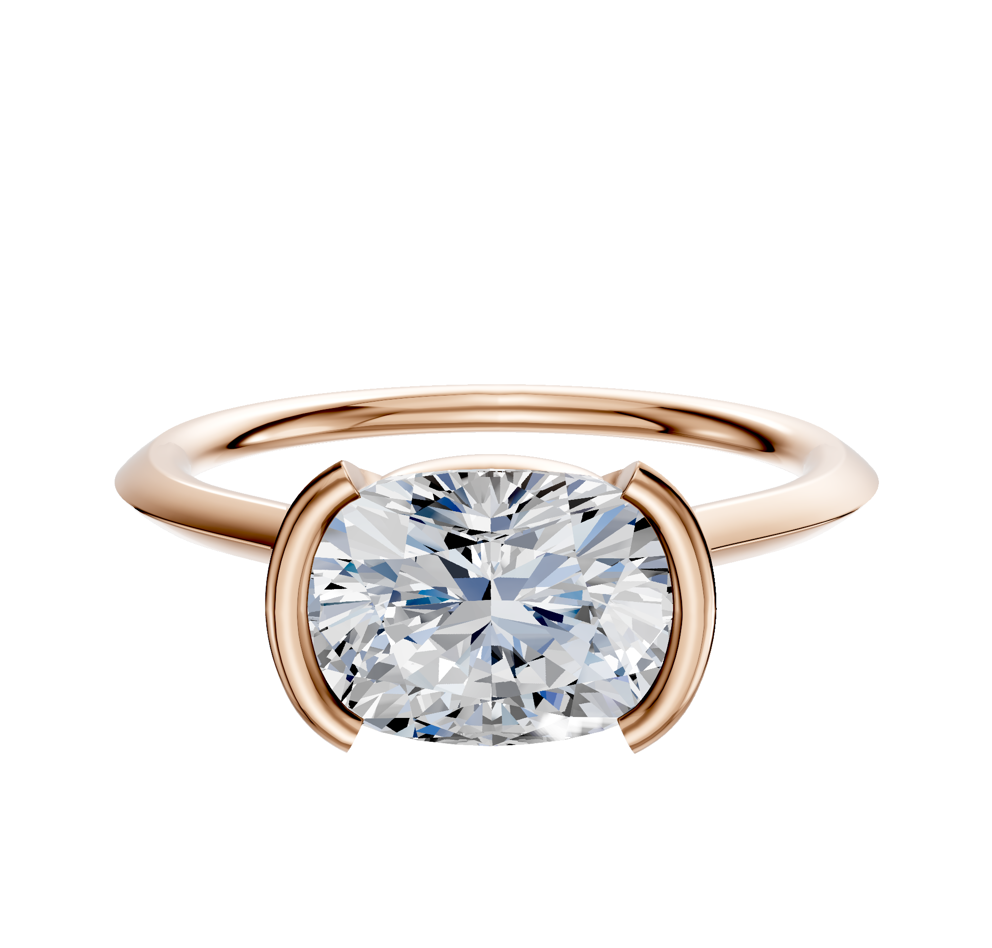 An 18K Rose Gold Bezel Half Bezel East/West Cathedral Knife Edge 1.5mm Engagement Ring is displayed on a plain white background.
