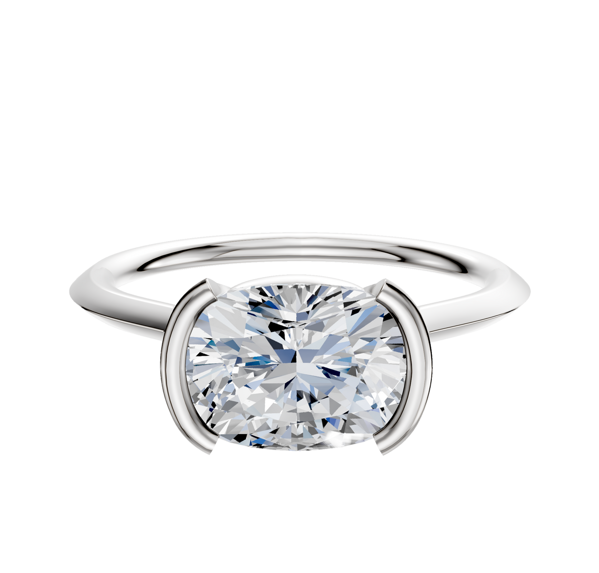 An 18K white gold bezel half bezel East/West cathedral knife edge 1.5mm engagement ring is displayed against a plain white background.