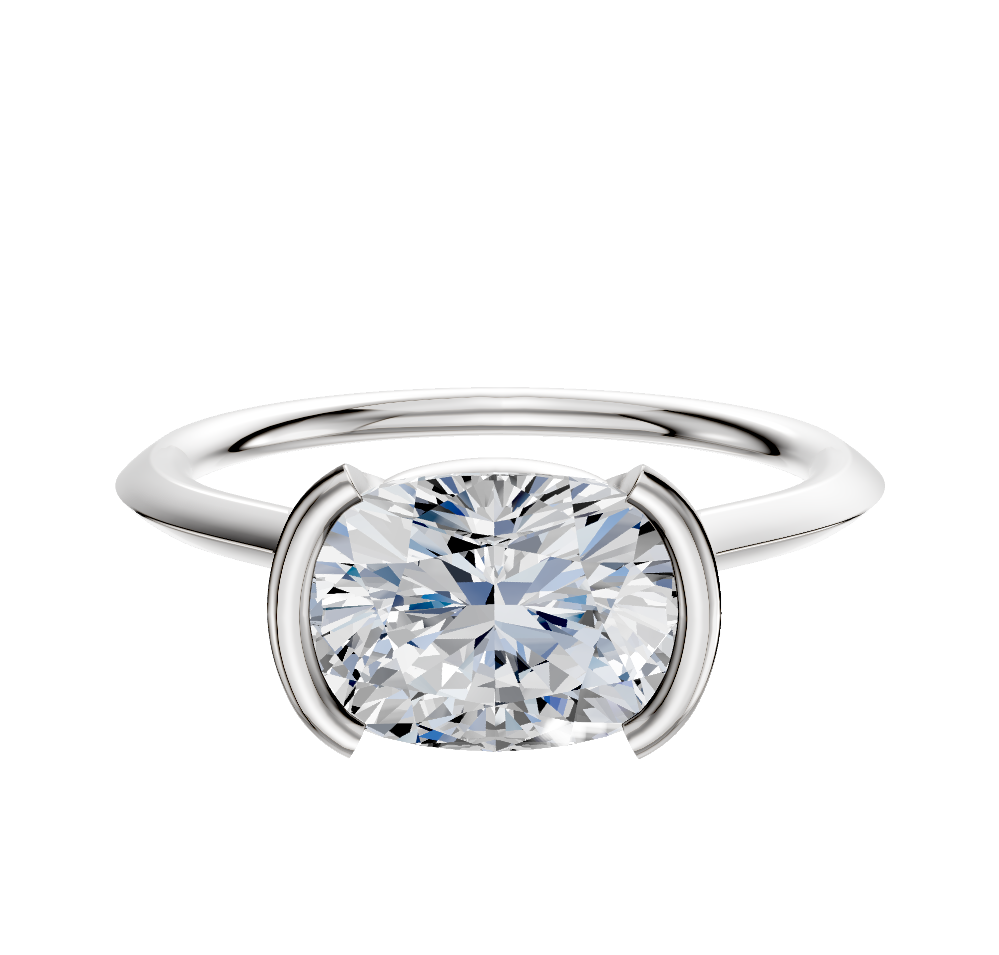 An 18K white gold bezel half bezel East/West cathedral knife edge 1.5mm engagement ring is displayed against a plain white background.