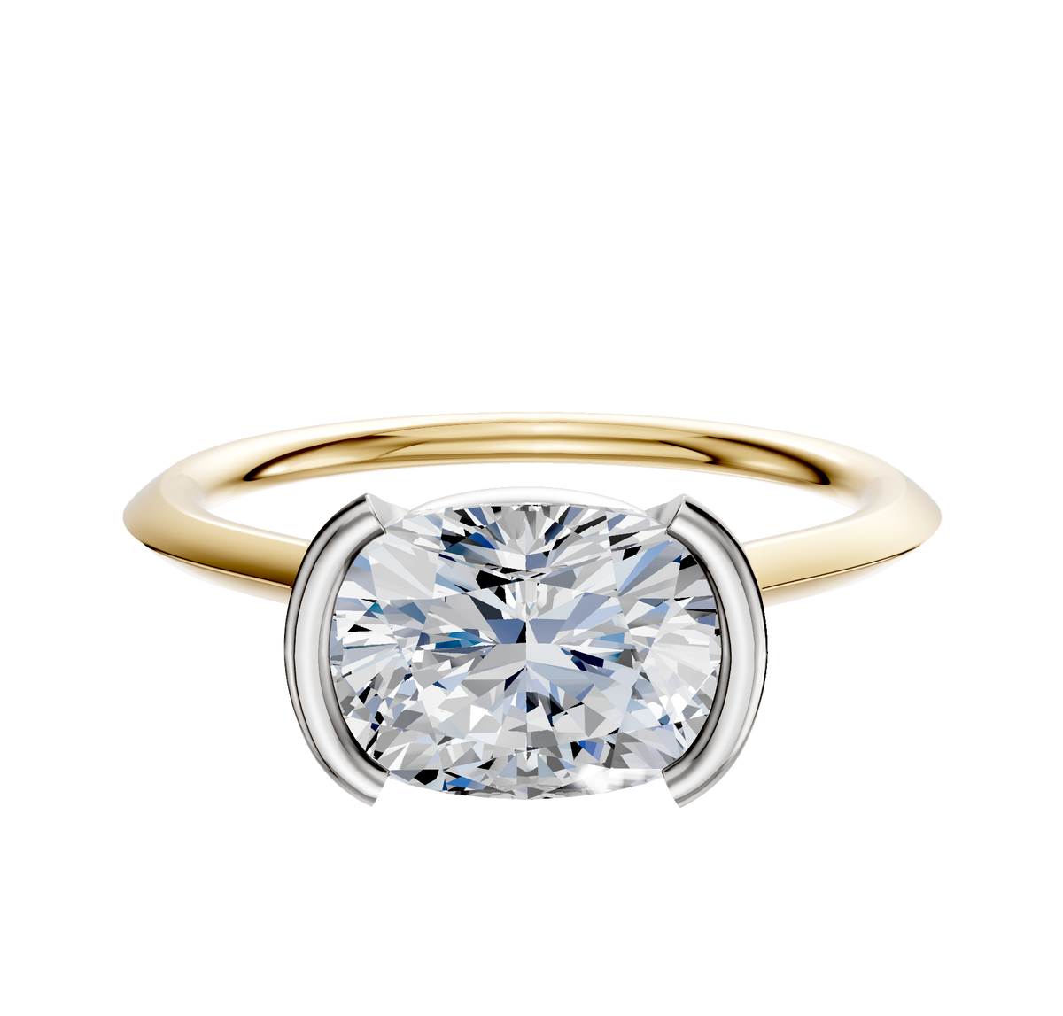 A 14K two-tone bezel half bezel East/West cathedral knife edge 1.5mm engagement ring is displayed on a plain white background.