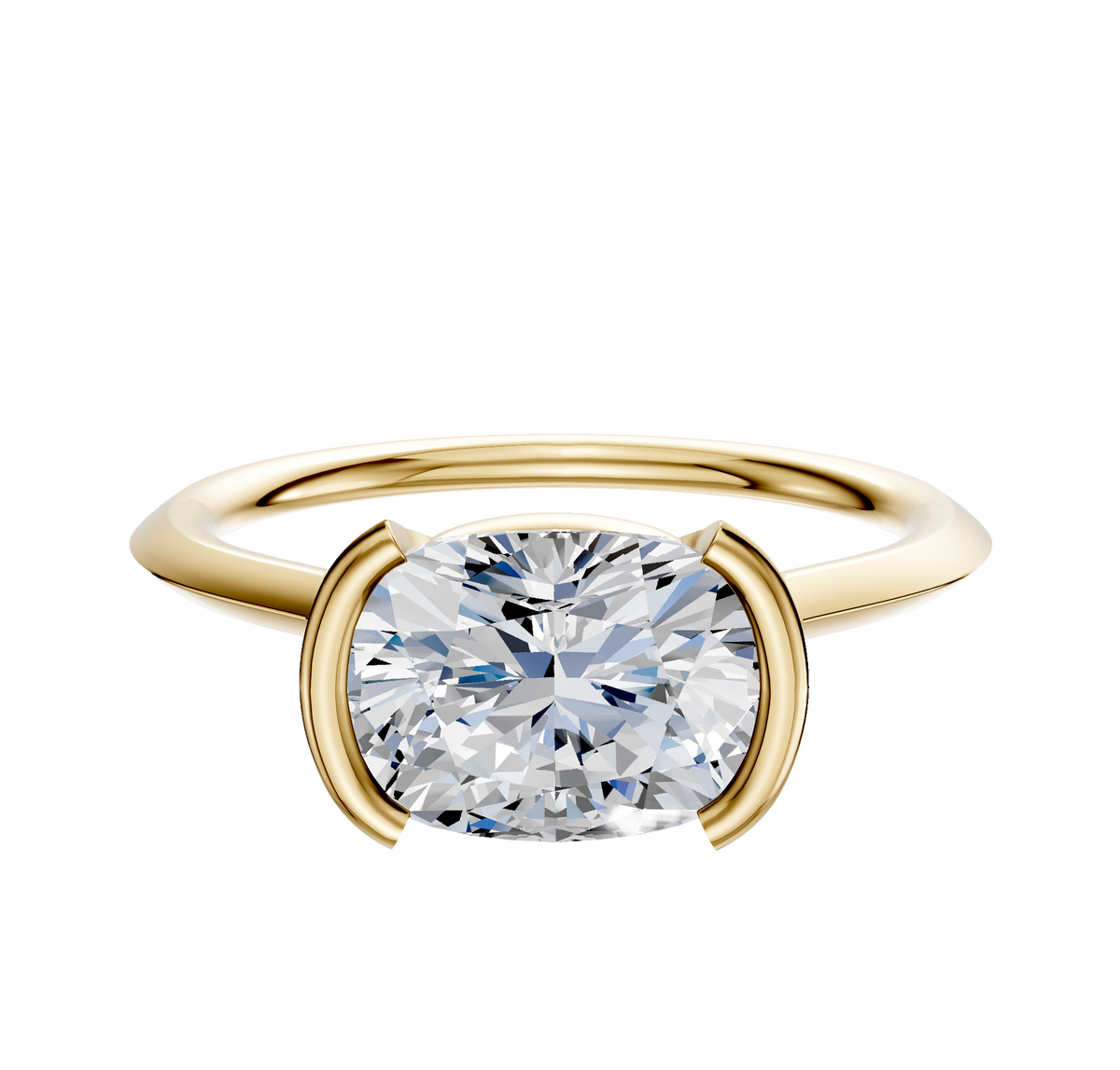 A 14K yellow gold engagement ring with a 1.5mm knife edge band in an east/west cathedral bezel and half bezel setting, displayed on a plain white background.