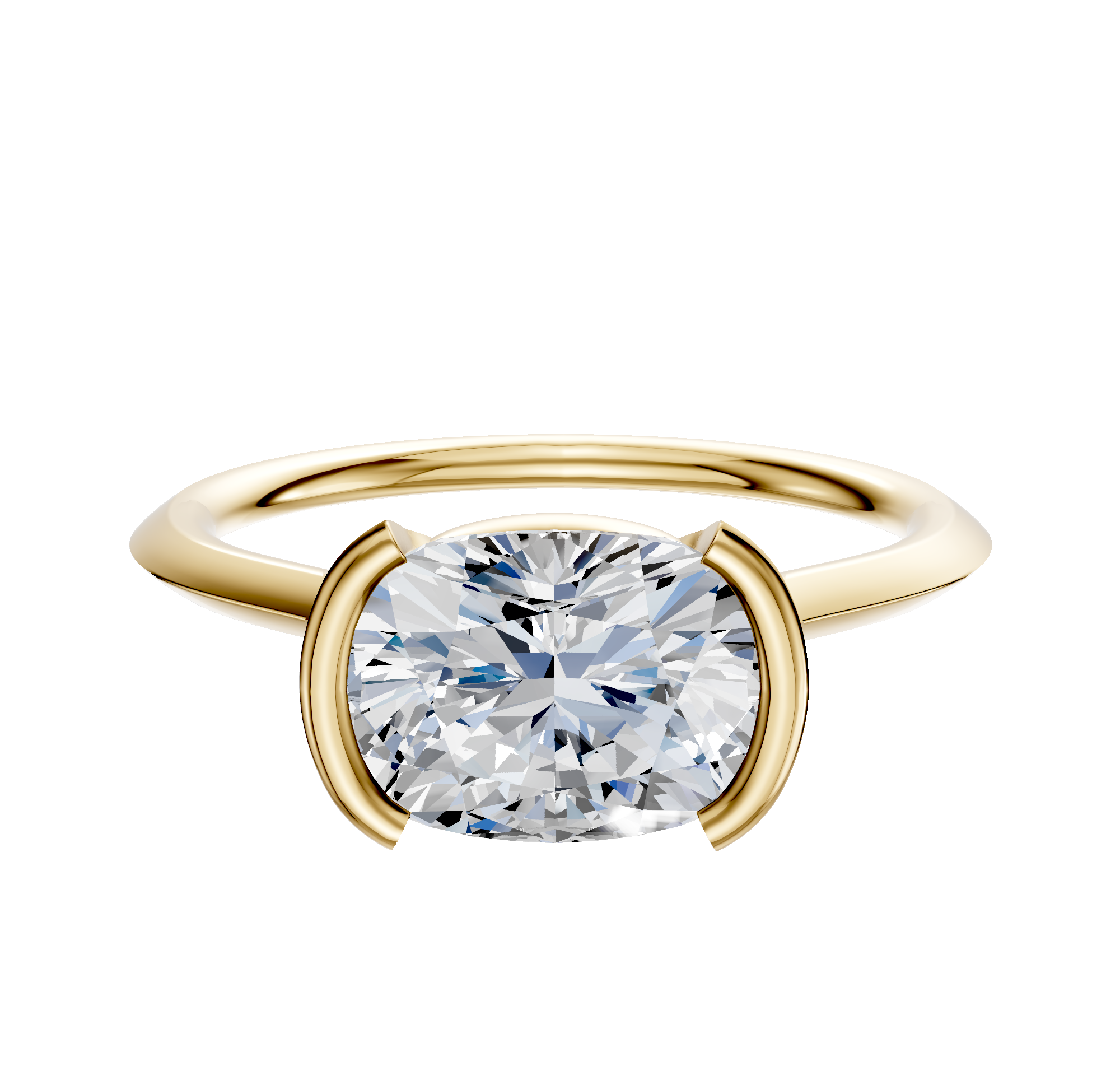 An 18K yellow gold bezel half bezel east/west cathedral knife edge 1.5mm engagement ring, showcased on a plain white background.