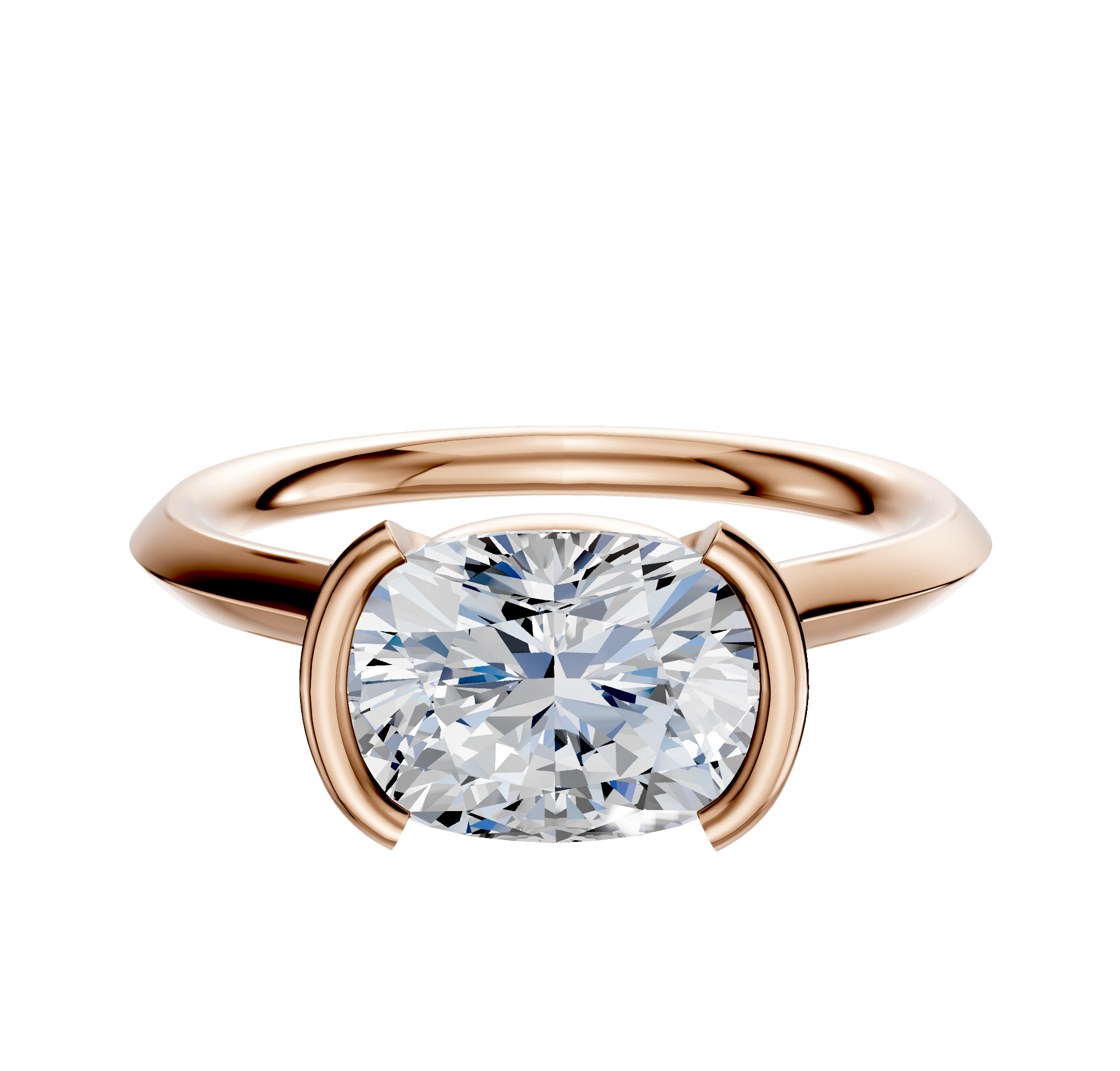 The 14K Rose Gold Bezel Half Bezel East/West Cathedral Knife Edge 2.0mm Engagement Ring showcases a large round diamond in a modern bezel setting, displayed against a white background.