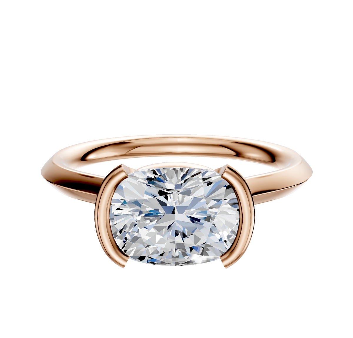 The 18K Rose Gold Bezel Half Bezel East/West Cathedral Knife Edge 2.0mm Engagement Ring features a large, round-cut diamond in a modern four-prong bezel setting, displayed on a white background.