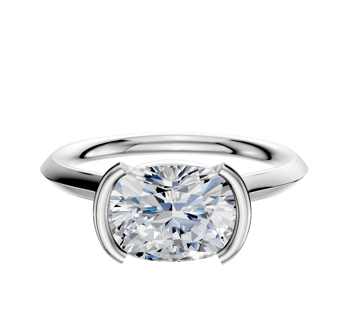 A 14K white gold bezel half-bezel East/West cathedral knife edge 2.0mm engagement ring is shown on a plain white background, featuring a modern and minimalist design.
