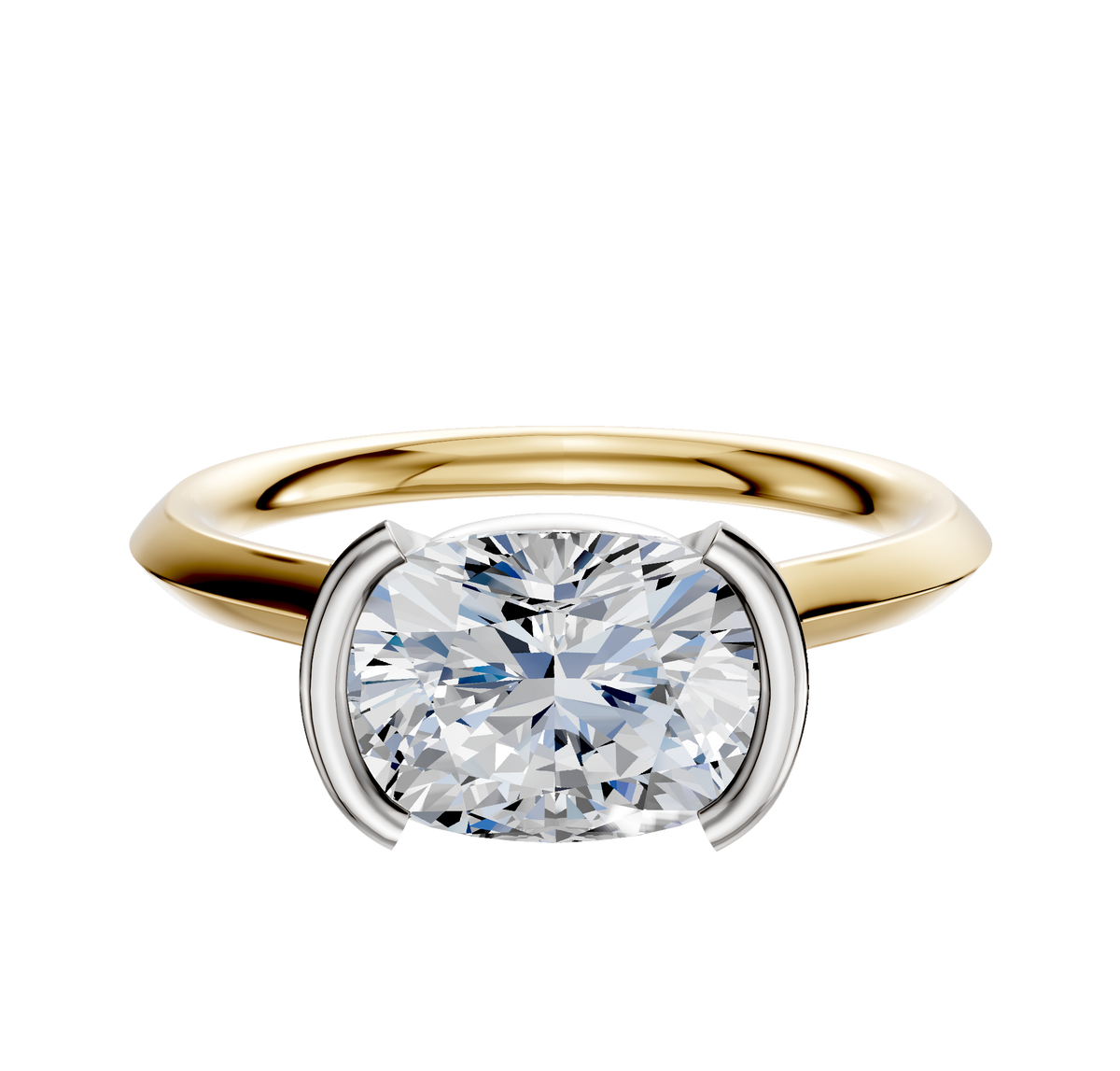 The 18K Two Tone Bezel Half Bezel East/West Cathedral Knife Edge 2.0mm Engagement Ring features a large round diamond in a unique four-prong white metal setting, shown against a plain white background.