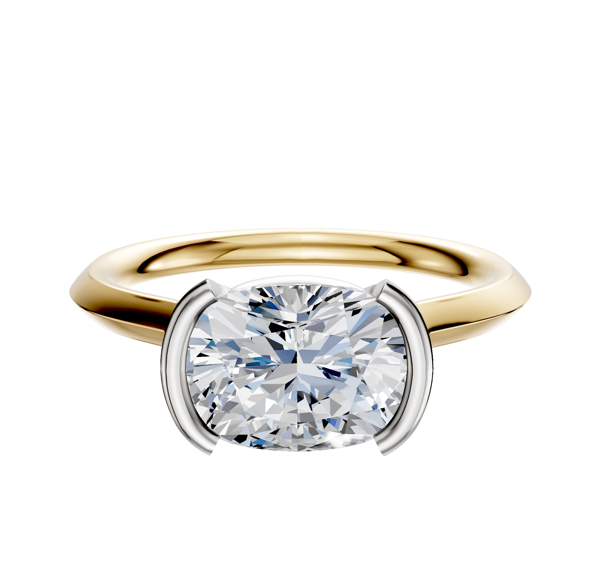 The 18K Two Tone Bezel Half Bezel East/West Cathedral Knife Edge 2.0mm Engagement Ring features a large round diamond in a unique four-prong white metal setting, shown against a plain white background.