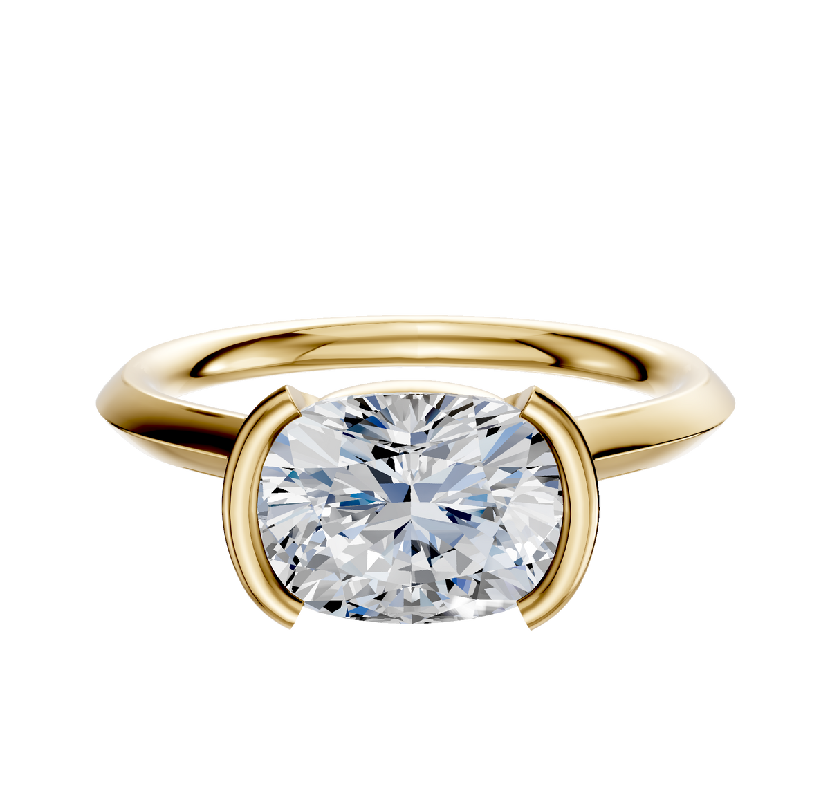 A 14K yellow gold cathedral knife edge engagement ring with a 2.0mm band and a bezel half bezel east/west setting, displayed against a plain white background.