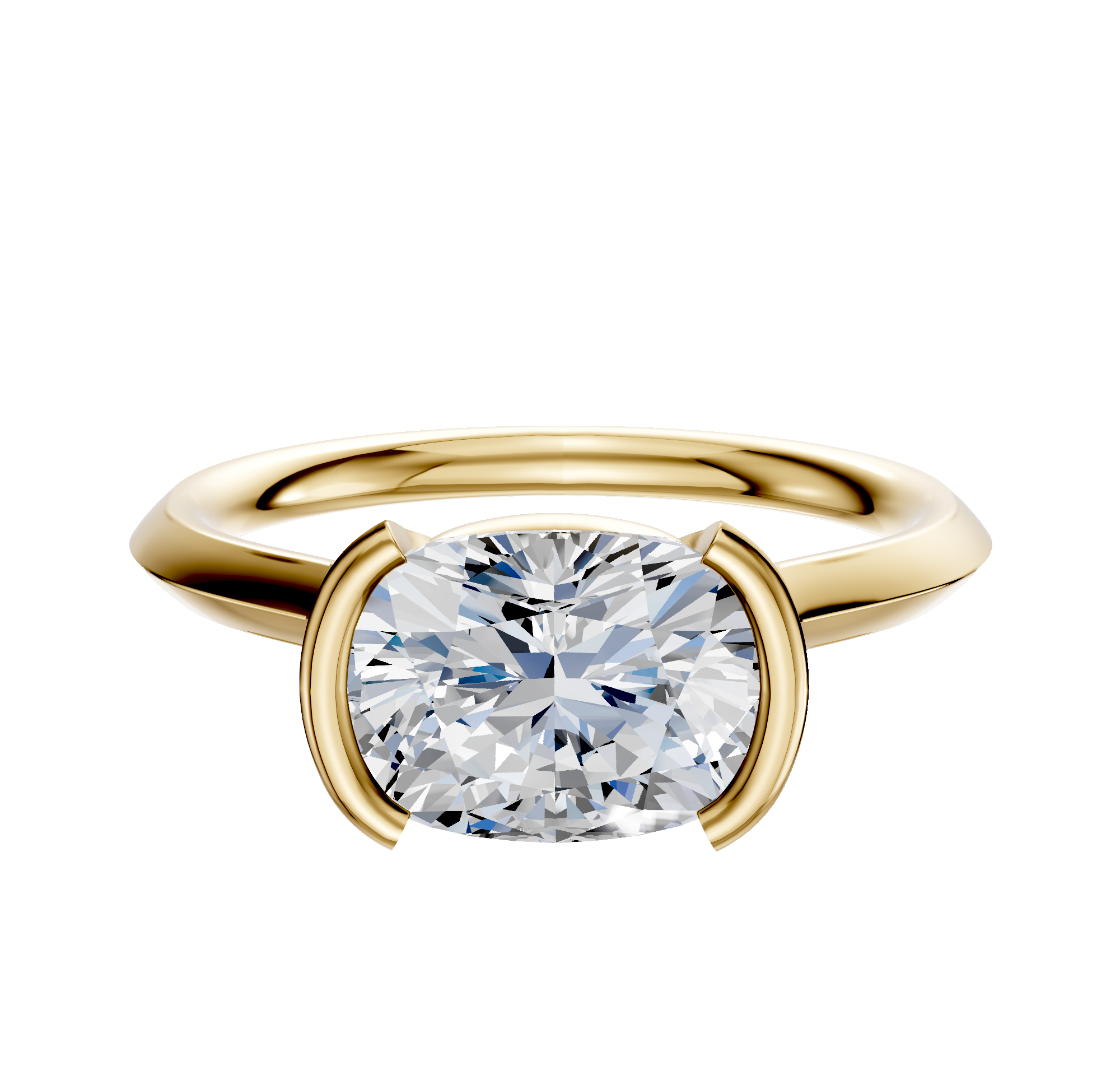 An 18K yellow gold bezel half bezel east/west cathedral knife edge 2.0mm engagement ring displayed against a plain white background.