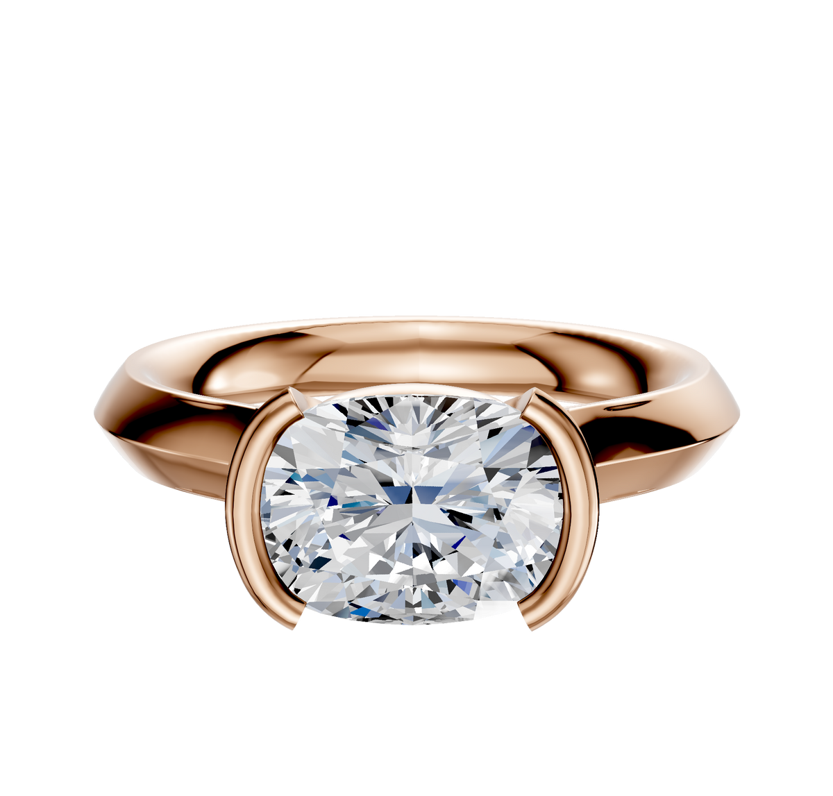 An 18K rose gold Bezel Half Bezel East/West Cathedral Knife Edge 3.0mm engagement ring with a cushion-cut diamond, showcased on a plain white background.
