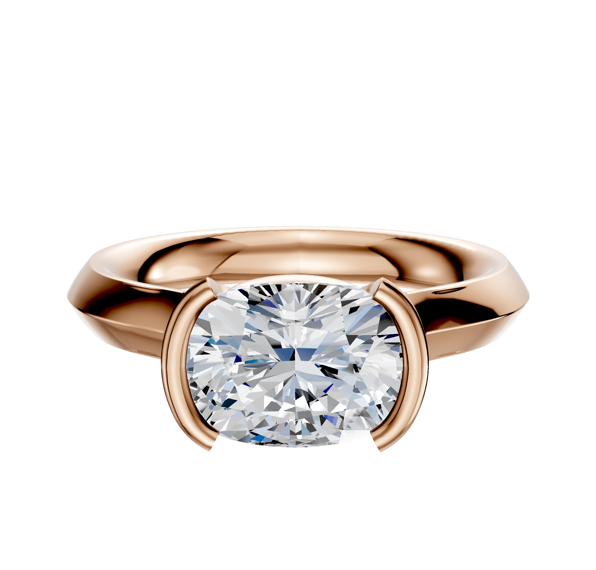 A 14K rose gold engagement ring featuring a half bezel east/west cathedral setting and knife edge 3.0mm polished band.