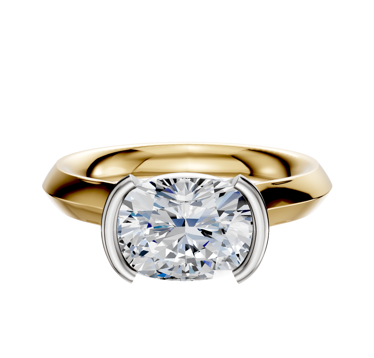 A 14K two-tone cathedral engagement ring featuring a 3.0mm half bezel, east/west cushion-cut diamond in a modern knife-edge setting, displayed against a plain white background.