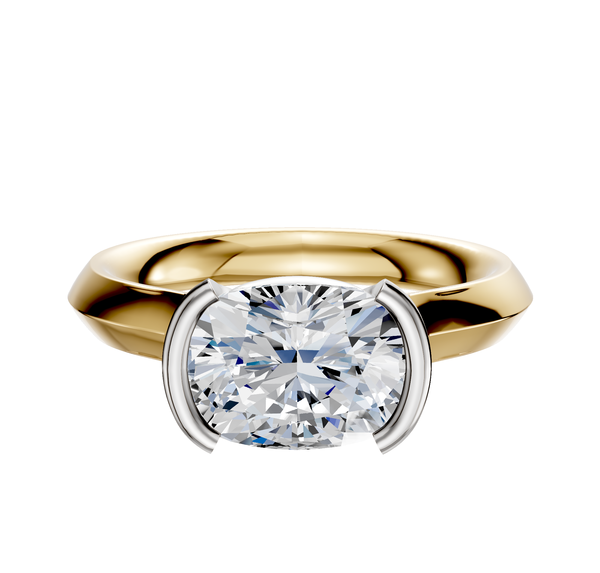 An 18K two-tone engagement ring with a cathedral knife edge 3.0mm band features a large, cushion-cut diamond in a modern half bezel East/West setting.