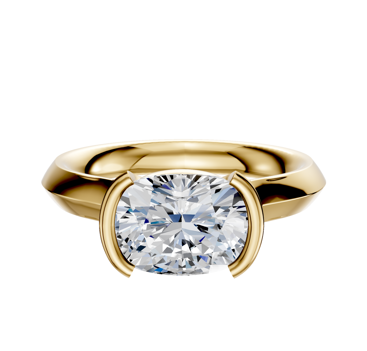 A 14K yellow gold bezel half bezel east/west cathedral knife edge 3.0mm engagement ring showcased against a white background.