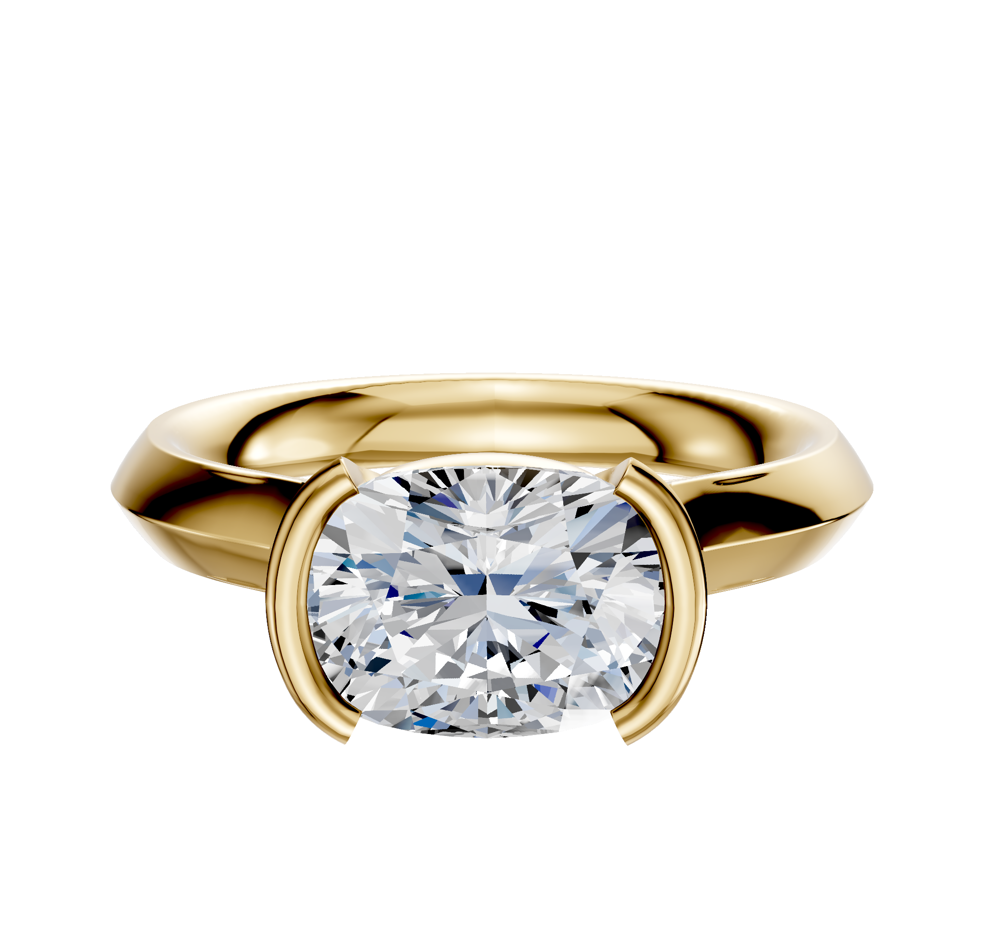 An 18K yellow gold bezel half-bezel east/west cathedral knife edge 3.0mm engagement ring shown against a plain white background.